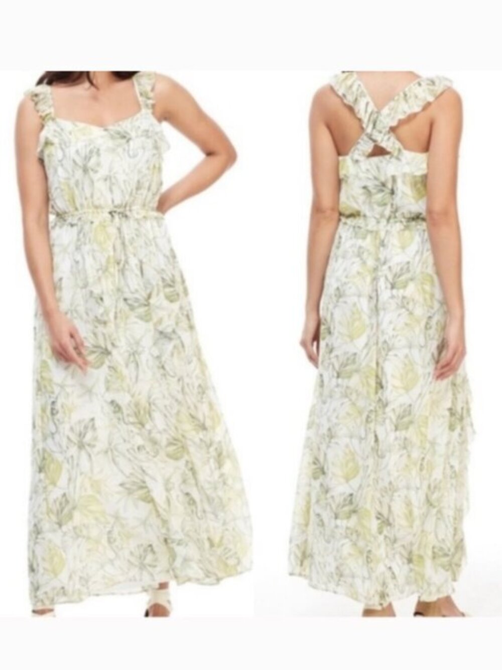 Gal Meets Glam Cheryl Ruffled Tropical Maxi Dress Cross Back size 4 NWT